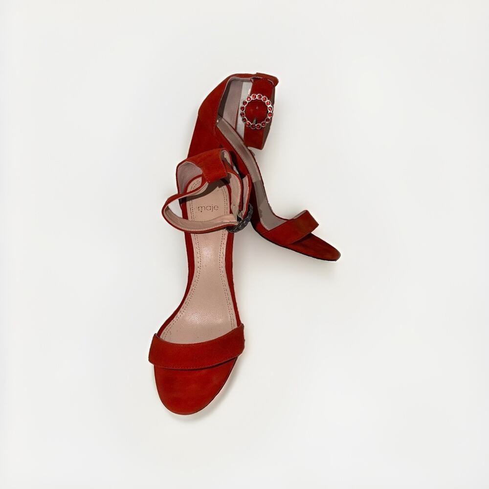 Maje Faria Red Suede Block Heel Sandals 37 US 6.5 Crystal Buckle Portugal JB2